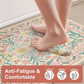 Collive Anti Fatigue Mats for Kitchen Floor, Cushioned Spring Kitchen Mat Comfort Waterproof Padded Sink Rugs Non Slip, Boho Floral Standing Rug for Office, Home Decor, 17"x30"+17"x59", Pink