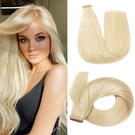 Hotlulana Remy Tape-In Hair Extensions, Real Hair, 20 Pieces, 50.8 cm Tape-in Extensions, Human Hair, Remy Invisible Seamless Skin Weft, 60# Platinum Blonde, 40 g