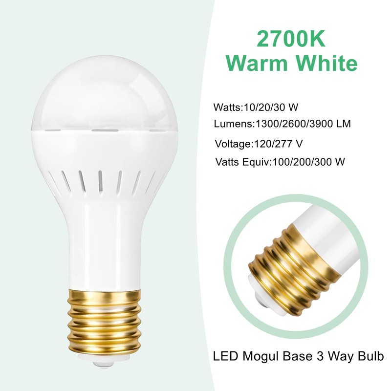SETEN 2-Pack Mogul Base 3 Way Bulbs LED 10/20/30 Watts,Replacement