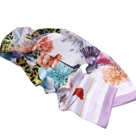 GIMIRO Satin Silk Scarf Double Layers 150 x 16 cm Tie Flowers Waist Belt for Blazer, Coat, Dress, Orange Blue Peony