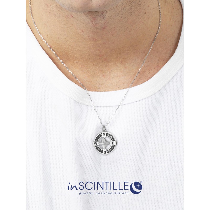 inSCINTILLE Windrose Necklace Men's Stainless Steel Nautical Pendant Adjustable Length