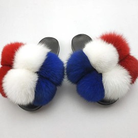 2027 NEW KJ Colorful Ladies Slippers Fluffy Sexy Slippers for Women Flat Home Woman's Indoor Warm Furry ShoesColor: Red white blue, US Size: 11