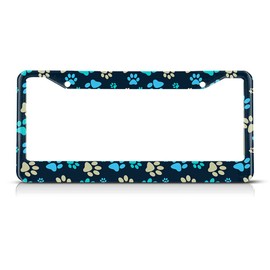 Beabes Dog Theme License Plate Frame Animal Paw Print Car Frames, License Plates Holder， Cat Funny Pet Blue License Plate Aluminum Metal Frames for Women Men Auto Decoration