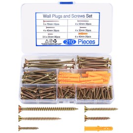 210 Pcs Wood Screws Assortment Set, Self Tapping Countersunk Head Screws, Self Drilling Cross Flat Head Brass Zinc Screws for Wood, with 20 Pcs M6 Screw Anchors