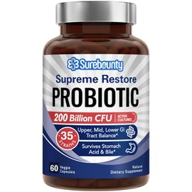 Surebounty Surebounty Probiotic for Men & Women, 200 Billion CFU 35 Strains, Prebiotics + Digestive Enzymes, Supreme Restore Probiotic Supplement, Upper, Mid, Lower GI Tract Balance, 60 Veggie Capsules, 1 Month