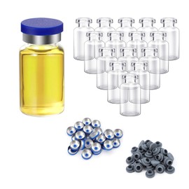 FOUR E'S SCIENTIFIC 10ml Glass Vials 300 PCS, Headspace Vial with Plastic-Aluminum Flip Caps, Rubber Stoppers, Transparent