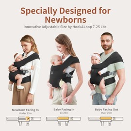 MOMTORY MOMTORY Baby Carrier, Cozy Baby Wrap Carrier, Baby Sling with Hook&Loop for Easily Adjustable, Soft Fabric, Black