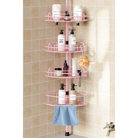 HAMITOR Corner Shower Caddy Tension Pole: 4-Tier Rust-Resistant Adjustable Bathroom Organizer Shelves - 47-121 Inch No-Drill Quick Installation - Space-Saving Storage for Renters Family - Pink