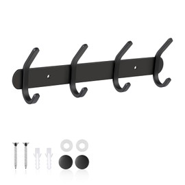 ERWEY Wall Mounted Coat Hook Stainless Steel Wall Hook Towel Rack with 4 Hooks for Hanging Hat, Coat, Towel and Purse, Black