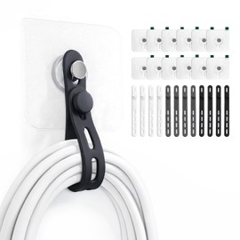 Cord Organizer with Adhesive Hooks, Silicone Cable Ties (3 Colors), Hanging Cable Organizer for Desk, Wall & Kitchen Appliances, No Drill, Reusable Cord Wrap for Thick Cords, 12 Hooks + 12 x 5" Ties