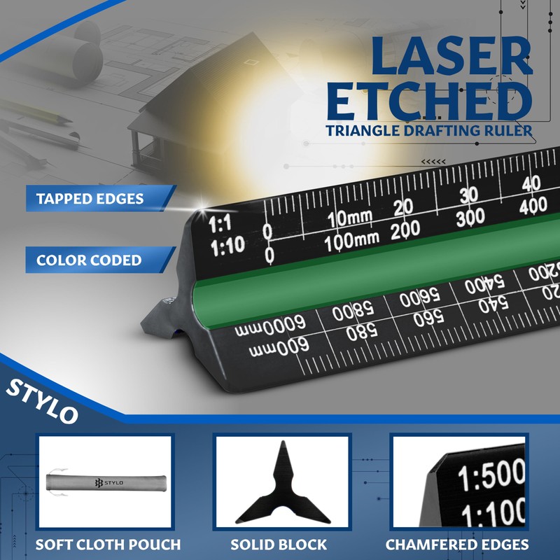 Aluminum Architect Scale Ruler - 30cm Ruler Laser Etched Triangle