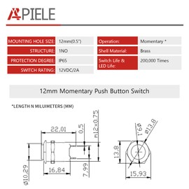 APIELE Momentary Push Button Switch 12mm 8PCS 1NO Brass Shell Pre-Wired High Round Head 1 Normally Open(Brass)