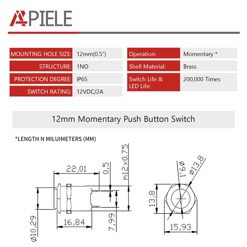 APIELE Momentary Push Button Switch 12mm 8PCS 1NO Brass Shell