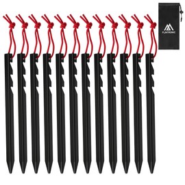 flintronic Tent Pegs, Heavy-Duty 18 cm Tent Pegs, 12 Pieces Metal Tent Hooks, Aluminium Pegs with Reflective Rope, Ideal for Garden, Camping, Fishing and Camping (Black) 12