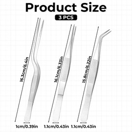Garden Tweezers, 3 Pcs Stainless Steel Plant Tweezer Set Straight and Curved Precision Tweezers Multipurpose Bonsai Tools for Garden, Kitchen, Indoors and Outdoors (6.22Inch / 6.33Inch / 6.4Inch)