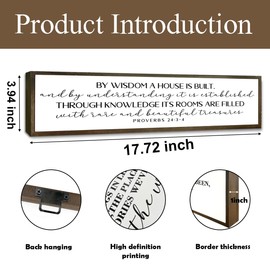 Christian Decor Signs, Bible Verse Wall Art, Modern Farmhouse Home Decor, Table Shelf Decoration, Rustic Hanging Framed Wood Sign, Scripture Proverbs 24:3-4 Sign 17.8x4x1.2 inches