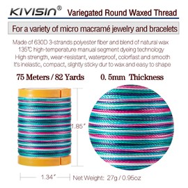 KIVISIN Variegated Waxed Thread 8 Vibrant Color, 0.5mm Wax Coated String 82Yards/Spool, Polyester Wax Cord for Micro Macrame, Bracelets Braiding, Jewelry Making, Beading, Knoting and Kumihimo