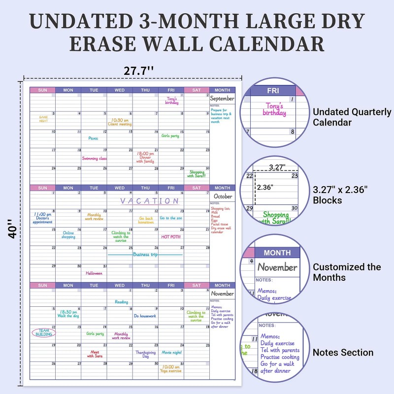 BooQool Large Dry Erase Calendar for Wall - Undated 3