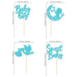 24 piezas de decoración para magdalenas de bebé con purpurina azul y estrella de luna para baby shower, decoraciones para revelar género, baby shower, suministros para fiestas de cumpleaños para niños