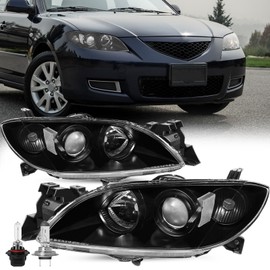 TUSDAR Headlight Assembly Fits 2004-2009 Mazda 3 Sedan 4-Door Halogen Projector Headlamp Black Housing Clear Reflector(included Bulbs)