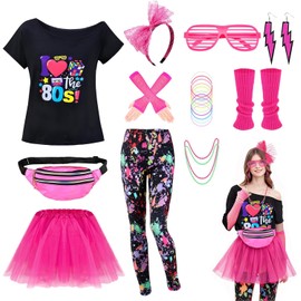 Lukovee Disfraz de los 1980 Mujers, 24 Conjunto de 80's Accesorios Adulto