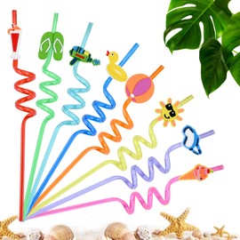 CutitiUU 8 Pcs Summer Beach Theme Straw,Reusable Drinking Straws Plastic Novelty Straws, Hawaiian Reusable Plastic Straws,Multi-Color Cartoon Design,Party Decorations Birthday Decorations (A)