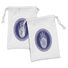 Ambesonne Hamsa Fabric Pouch Set of 2, Exotic Orient Mandala Motif with Ornate Hand Design with Heart and Eye Print, Small Drawstring Bag for Toiletries Masks and Favors, 9" x 6", Navy Blue and White