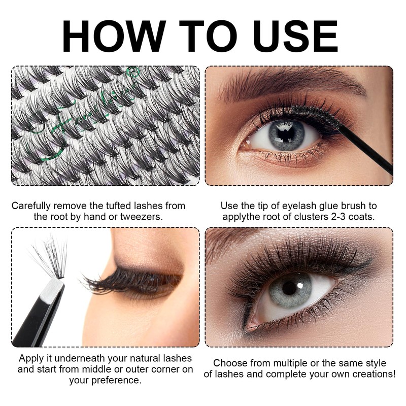 Fenshine Cluster Lashes, Individual Lashes, Wide Stem C/D Curl, 9-15