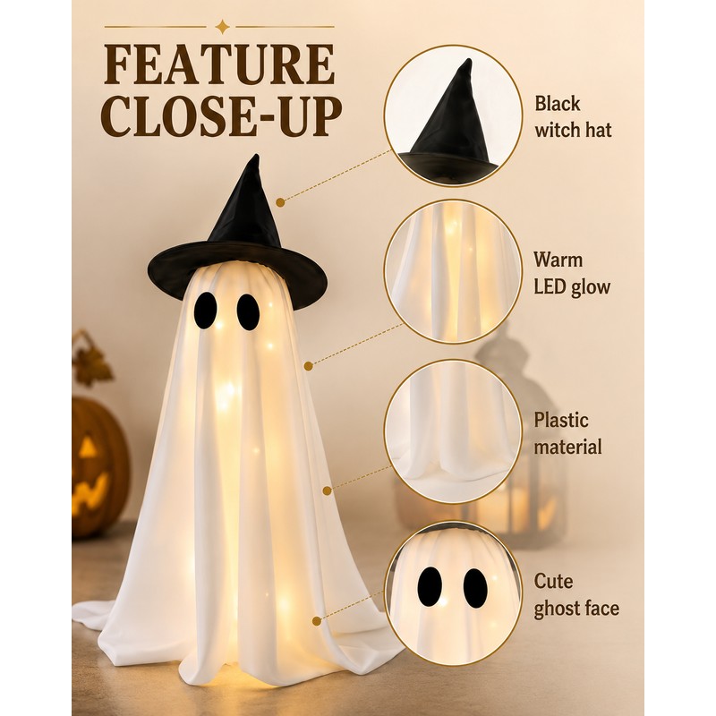 LED Witch Hat Ghost Figurines for Halloween Decor – 2-Piece