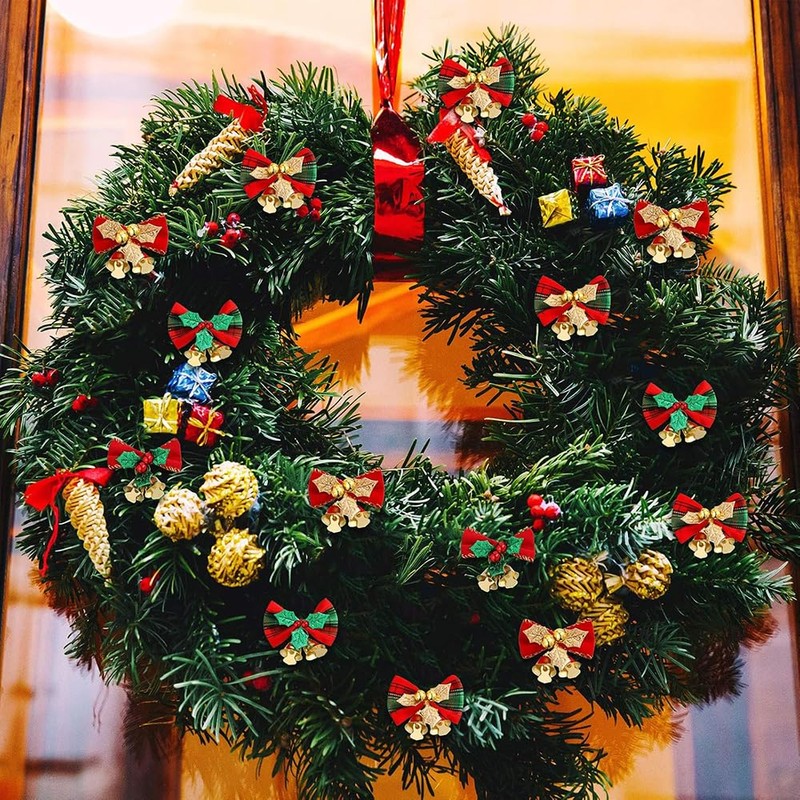 CHENLONB 24pcs Christmas Ornaments with Bells Bowknot Mini Ribbon Cute