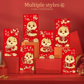 TUKYWAN 36pcs Red Chinese Envelopes for Money,Chinese New Year Hong Bao Cash Envelopes Lucky Money Red Packets Year of The Snake 2025 with 6 Different Designs,Cartoon Snake B