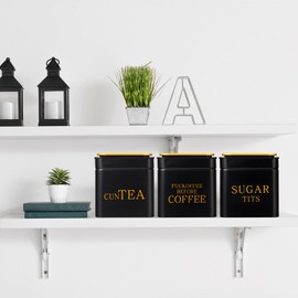 3 Piece Novelty Sugar Tea Coffee Canister Set Gifts Naughty Black Stainless Steel Containers Airtight Metal Coffee Jar with Gold Lid for Home Food Storage Flour Spice Kitchen Decor Cafe Accessories