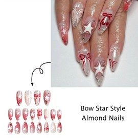 Bow Star Press on Nails with Rhinestones Fake Nails Medium Almond Full Cover Glue on Nail Glossy Artificial Acrylic Nail for Women DIY Manicure