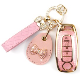 Rayslesan Key Fob Cover with Leather Holder Compatible with Airtag/RFID,Compatible with Nissan Pathfinder Rogue Kicks 2023 2024,RFID Protector,Car Key Accessories(5-Button, Gold Pink)