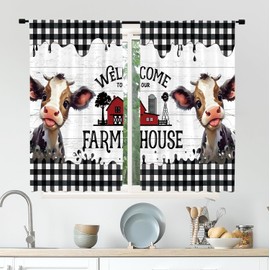 Cinbloo Farmhouse Kitchen Curtains 55Wx39H Inch Rod Pocket Country Cow Kitchen Decor Black and White Buffalo Check Cute Calf Western Rustic Wooden Living Room Bedroom Window Drapes Fabric 2 Panel