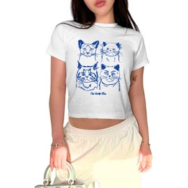 Zoemghc Y2k Baby Tees for Women Cute Cat Lady Era Graphic Grunge Crop Tops Vintage T Shirts Retro Aesthetic Tee Top(White,M)