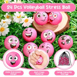 Shappy 24 Pcs Mini Volleyball Stress Balls 1.57" Foam Sports Balls with Emotion Volleyball Team Gifts Sports Ball with Mesh Drawstring Bag for Volleyball Party Birthday School Reward,6 Style(Pink)
