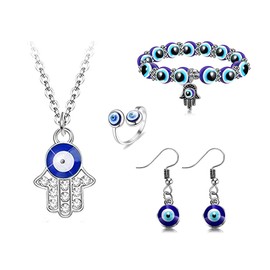 Turkish Blue Eye Necklace Evil Eye Necklace Jewellery Set Evil Eye Bracelet Evil Eye Pendant/Earring and Ring Set Bring Happiness Protect Family Members from Harm Gift Love, Stainless Steel