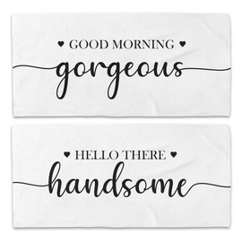 WAITPI Couple Good Morning Gorgeous Hello There Handsome Beach Towel Set of 2, Honeymoon Wedding Valentines Beach Towels Gifts for Bride Groom, His and Hers Beach Towels Decor for Bathroom 30x60in
