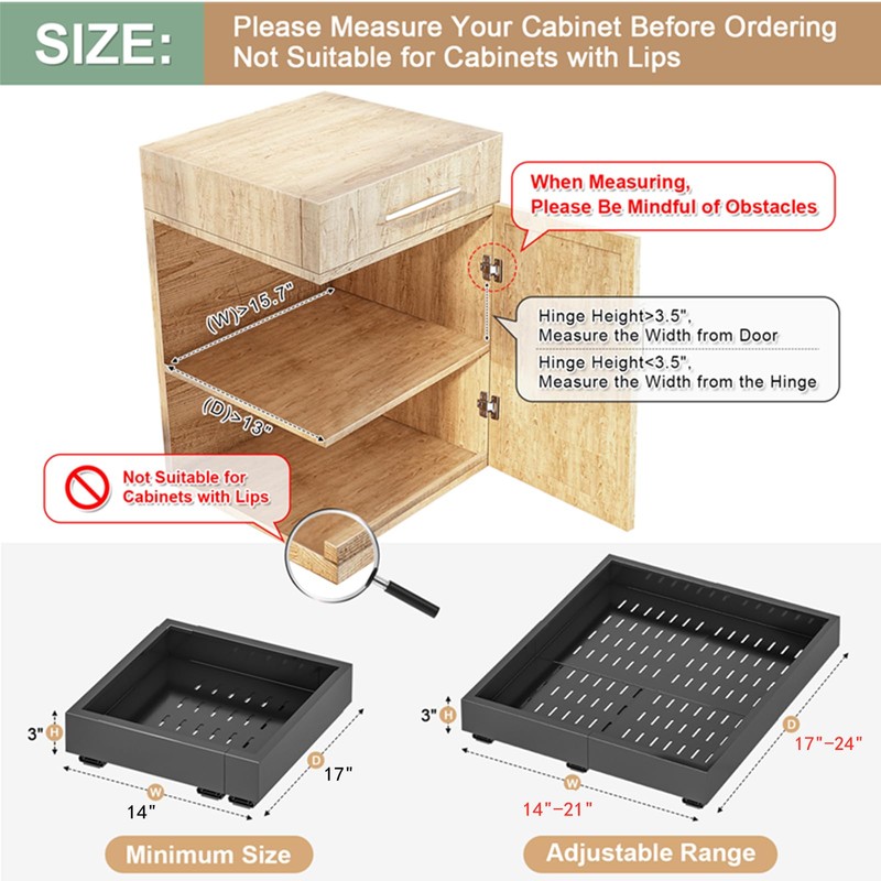 2Pc Pull out Cabinet Organizer,Width (14"-21"),Depth(17"-24") Expandable with 3 Rails,No