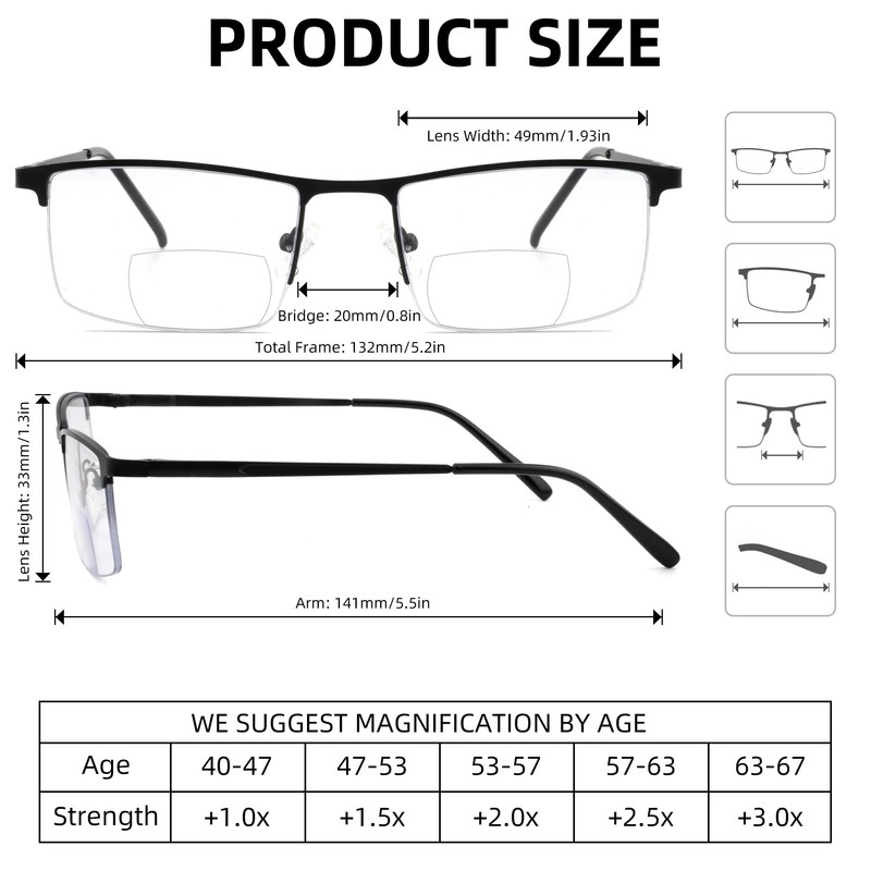3 Pack Bifocal Reading Glasses for Men,Lightweight Metal Half Frame