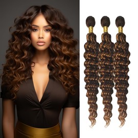 Ombre Brown Highlight Deep Curly Bundles P4/30 Human Hair Bundles Highlight Brown Deep Wave Bundles Brazilian Remy Hair Double Weft Soft And Silky Human Hair Extensions (24 26 28 Inch 3 Bundles)