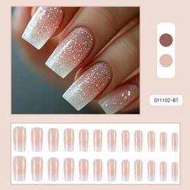 Square Press on Nails Medium Fake Nails Pink False Nails OmbreArtificial Nails Glitter Handmade Nails Sparkly Stick on Nails for Women 24pcs