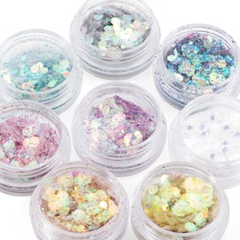 Alpinleux 8 Jar Chunky Glitter, Magic Nail Glitter for Nail Art, Holographic Fine Glitter, Face Glitter for Women, Crafts, Makeup, Festival, Party (8 Styles)