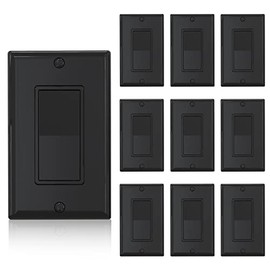 ELEGRP Single Pole Decora Light Switch with Plate 15Amp, 120/277V, Paddle Rocker Switch Replacement, On/Off Wall Switch, Self-Grounding, Residential Grade, w/Wall Plate, UL/CUL (10 Pack Glossy Black)