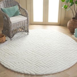 SAFAVIEH Tahoe Shag Collection Area Rug - 8' Round, White, Geometric Design, Plush 1.2 Inch Thick Ideal for High Traffic Areas in Living Room, Bedroom, Dining (THO652A)