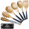 Edergoo Wood Cooking Utensils Set, 6 PCS Wooden Spoons for Cooking Includes Stainless/Wood Kitchen Tong, Non-Stick Wooden Utensil Set with Non-Slip Notch Design & Hanging Hole, Black