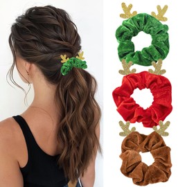 HSLPSM Pack of 3 Christmas Hair Bobbles, Christmas Bobbles Scrunchies for Women, Antlers Christmas Headband Hair Band Elastic Ponytail Holder Hair Ropes