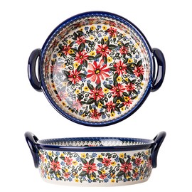 Bicuzat Red Daisy Flower Vintage Style Ceramic Bakeware Casserole Dish Baking Pan Lasagna Pans Baking Dish with Handles for Oven/Cooking/Kitchen-1 PCS, 32 OZ
