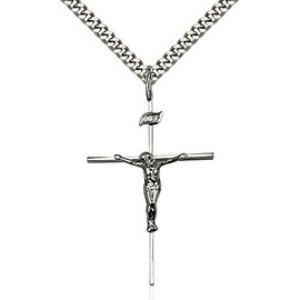 Sterling Silver Crucifix Pendant 1 3/8 x 7/8 inches with Heavy Curb Chain